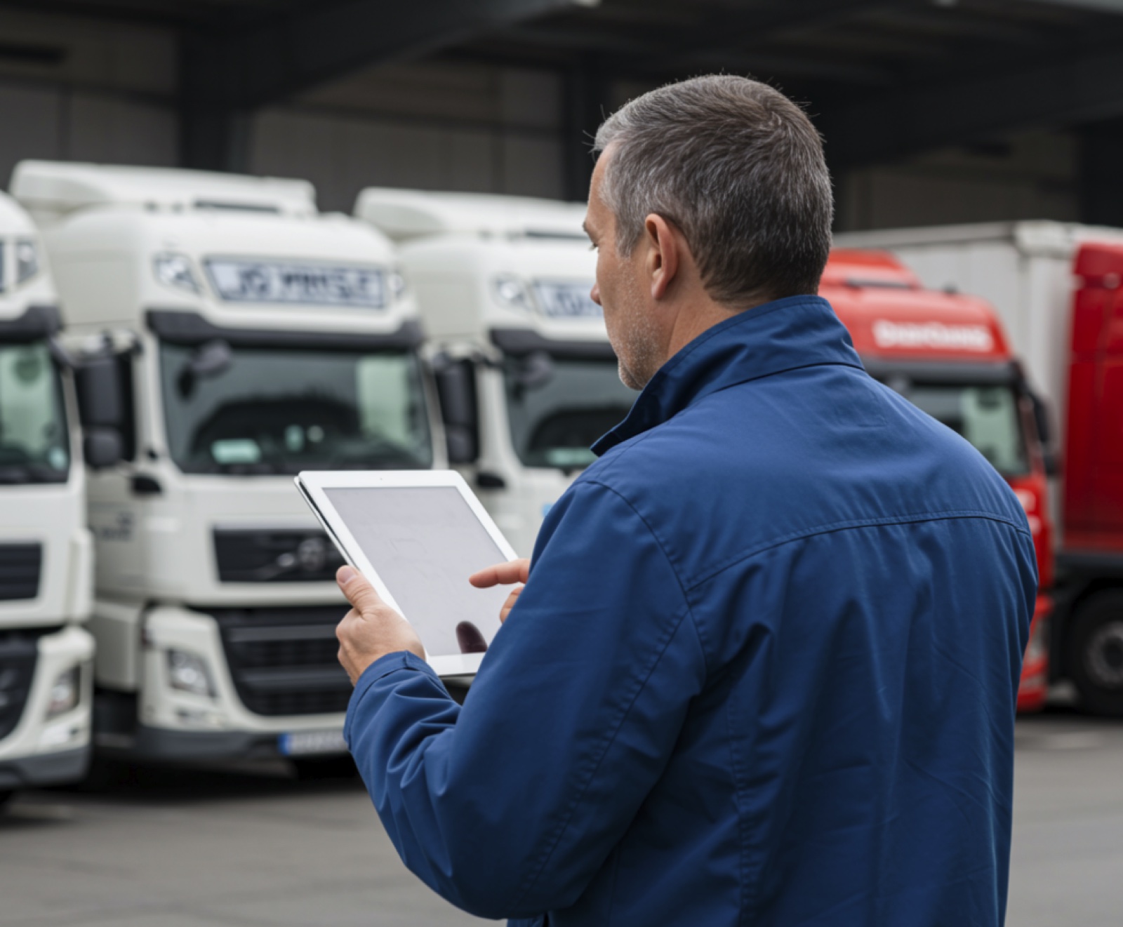 Transport Manager checking fleet information on a tablet