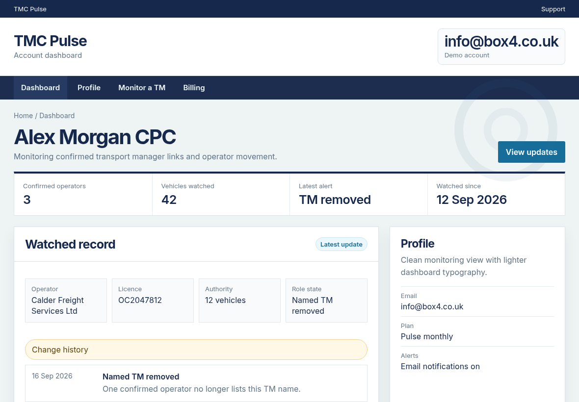 Transport Manager Check Pulse dashboard showing monitored appointment changes